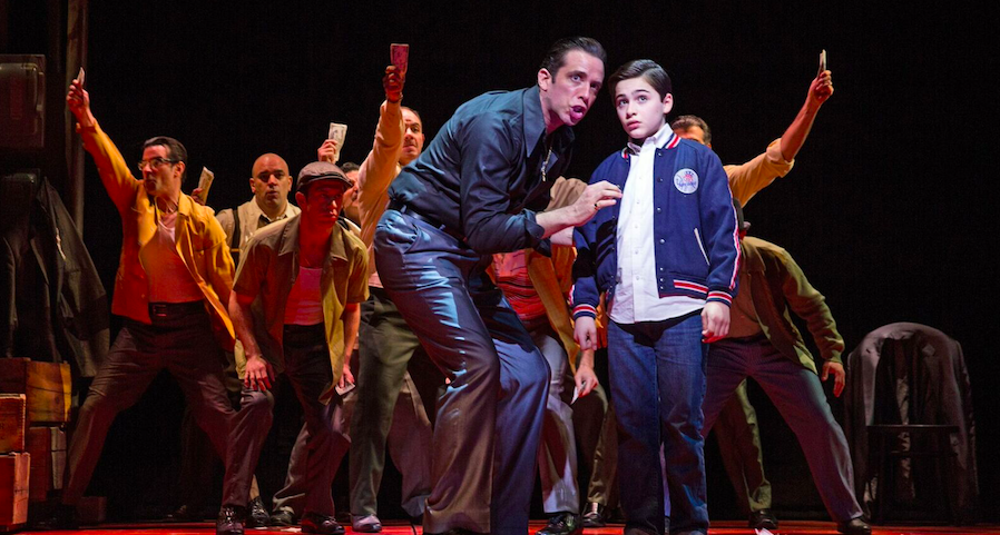  Nick Cordero (Sonny) and Joshua Colley (Young Calogero), center, and the men of "A Bronx Tale: The Musical"